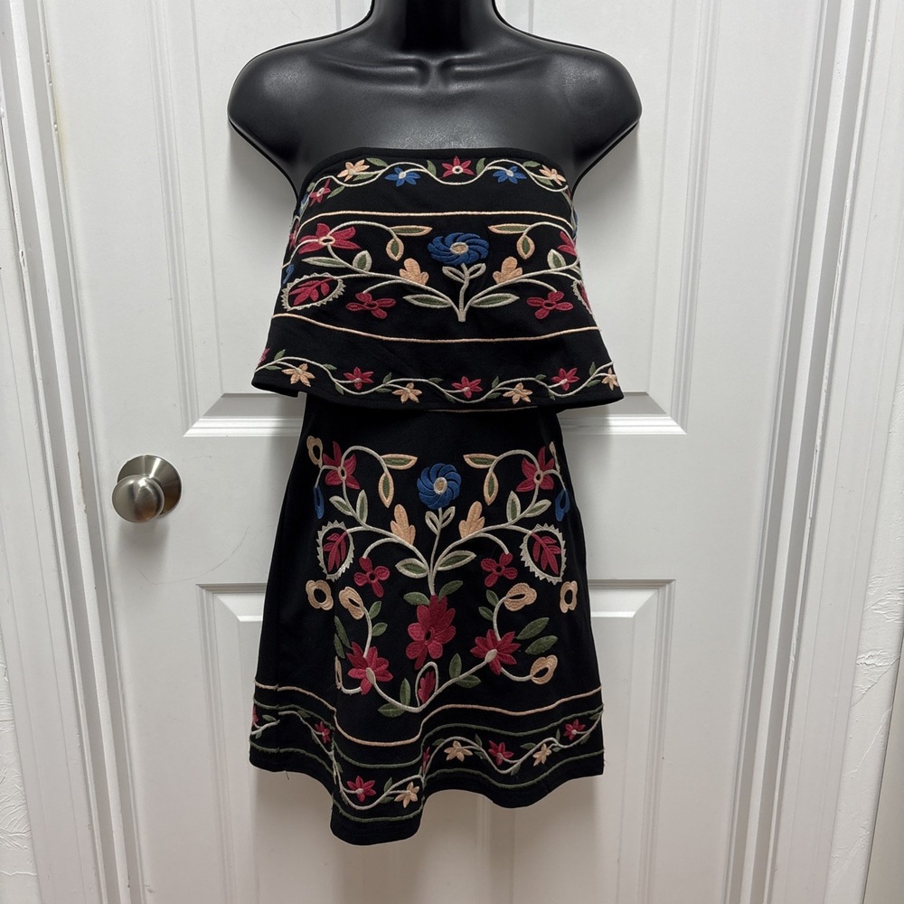 Black Embroidered Strapless Crop Top & Skirt Set Floral Boho Festival Size S